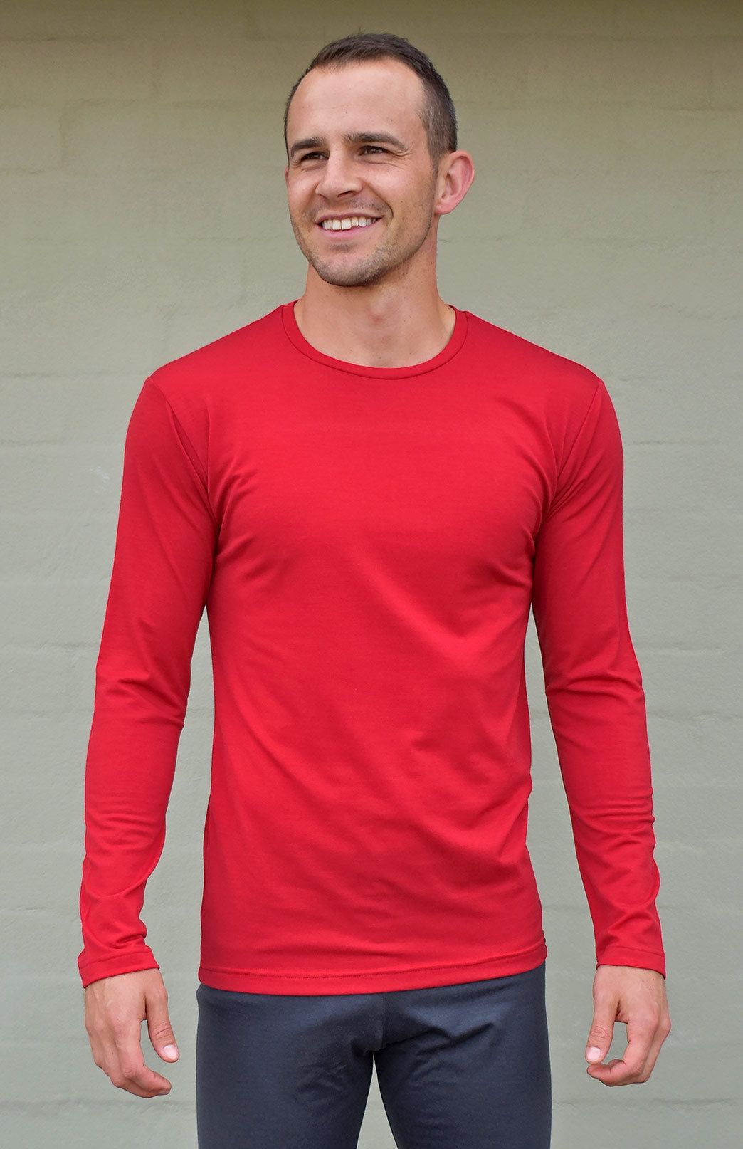 Flame Red Men's Merino Wool Long Sleeve Midweight Crew Neck Top