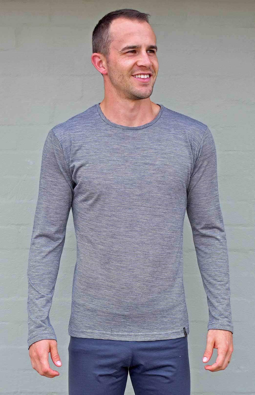 Grey Pinstripe Men's Merino Wool Ultralight Long Sleeve Crew Neck Top