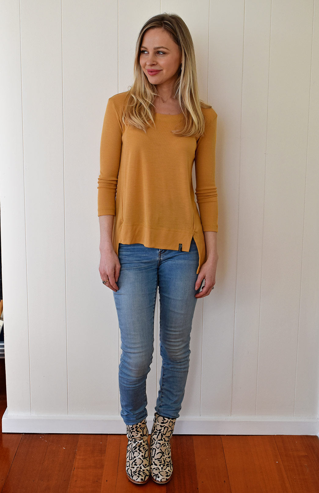 Mustard Yellow Women's Merino Wool High-Low Top with 3/4 Sleeves