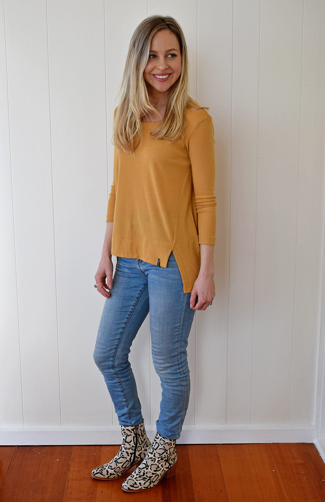 Mustard Yellow Women's Merino Wool High-Low Top with 3/4 Sleeves
