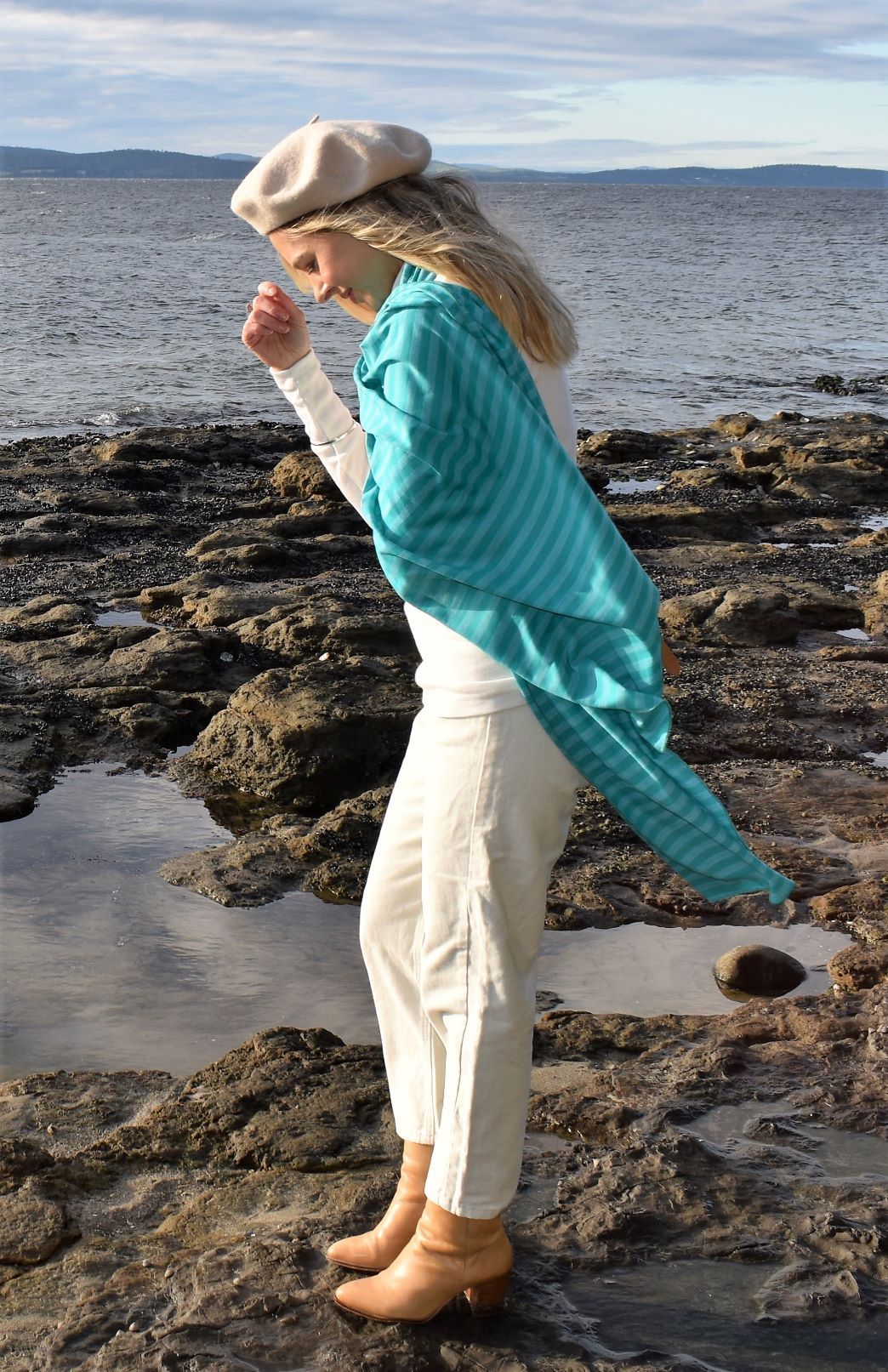 Lapis Stripe Women's Merino Wool Plain Scarf