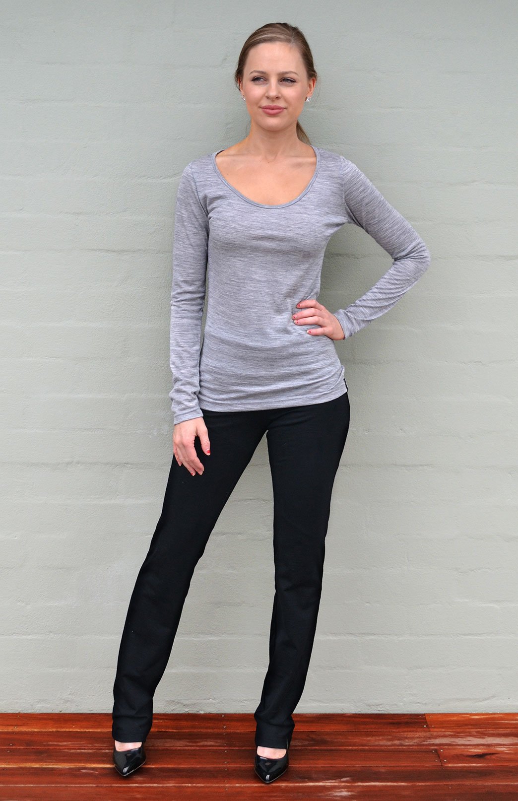 Grey Marl Women's Merino Wool Long Sleeve Fashion &amp; Layering Top