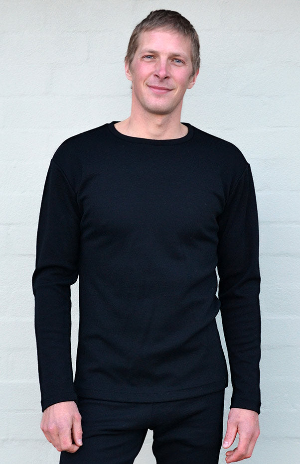 Black Men&#39;s Merino Wool Long Sleeve Heavyweight Crew Neck Top
