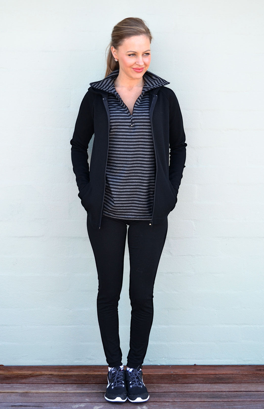 Black Women's Merino Wool Fleece Jacket with Hood