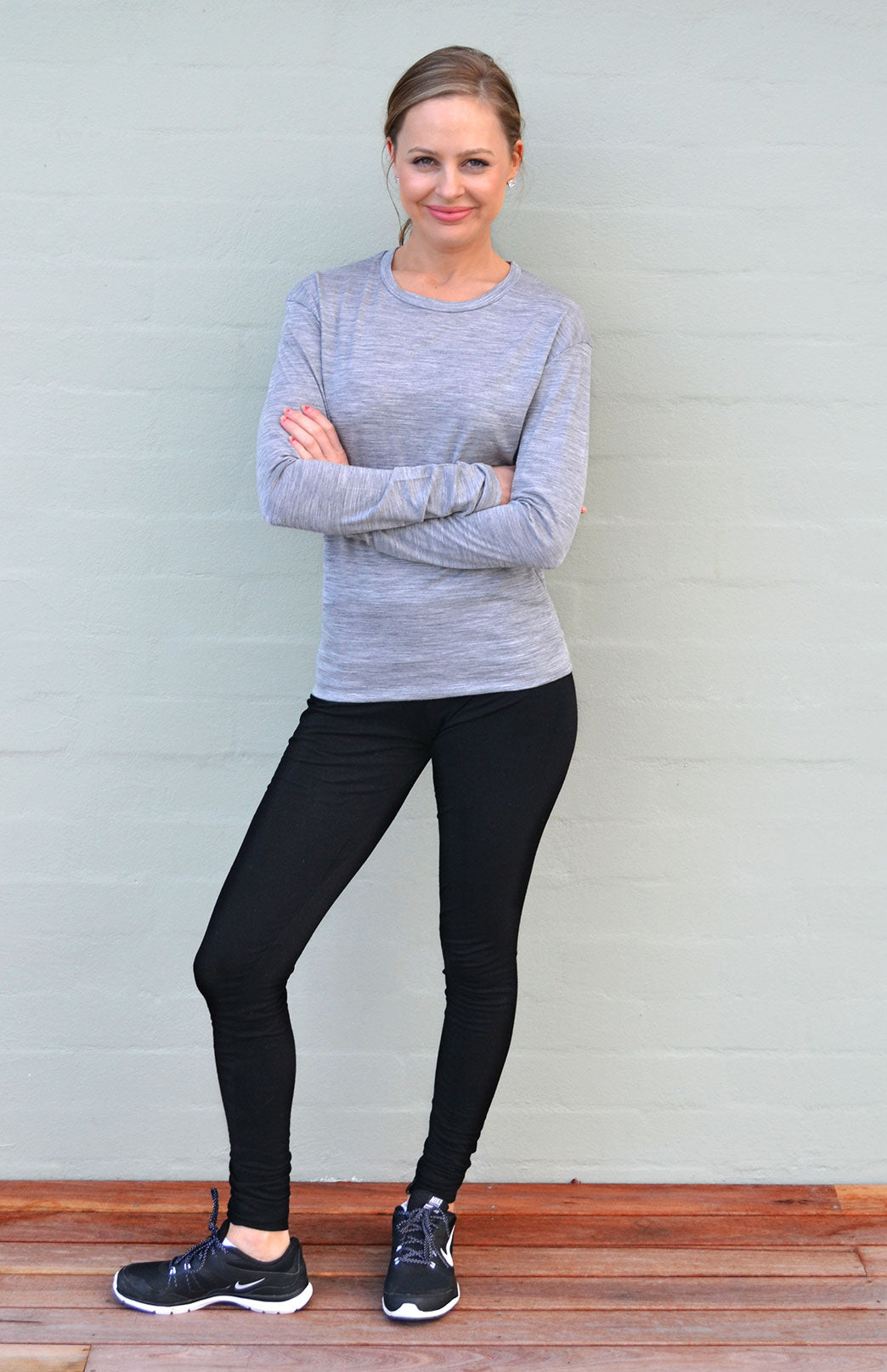 Grey Marl Women's Merino Wool Long Sleeve Lightweight Crew Neck Top