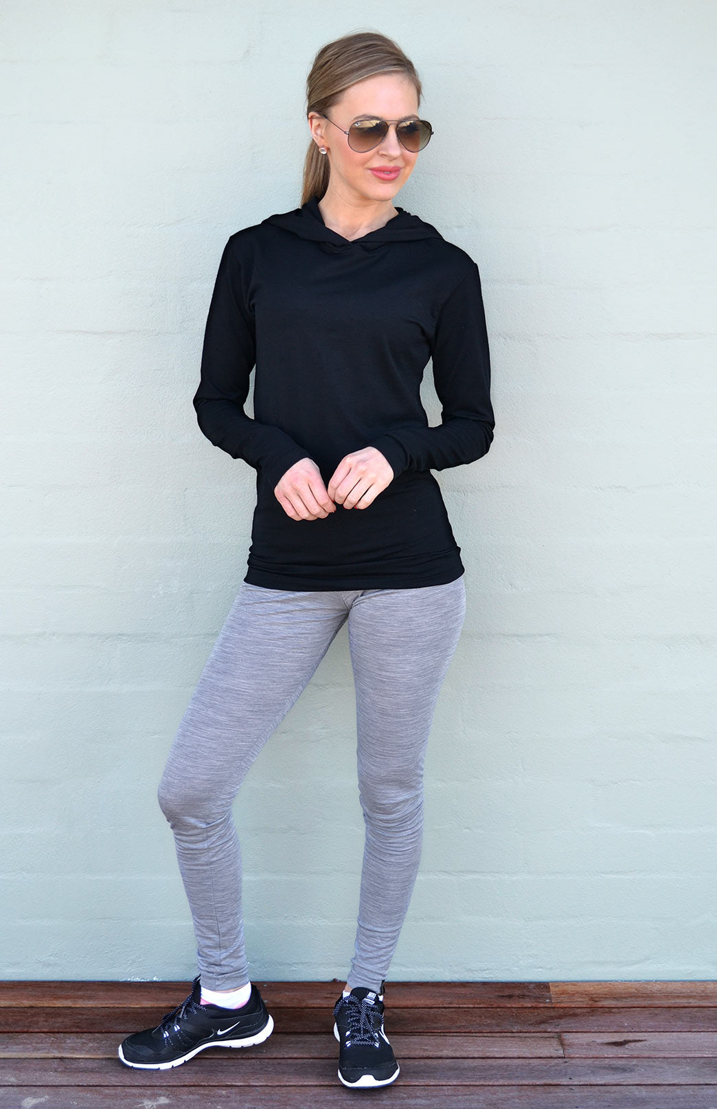 Black Women's Merino Wool Long Sleeve Crew Neck Top with Hood and D Pocket