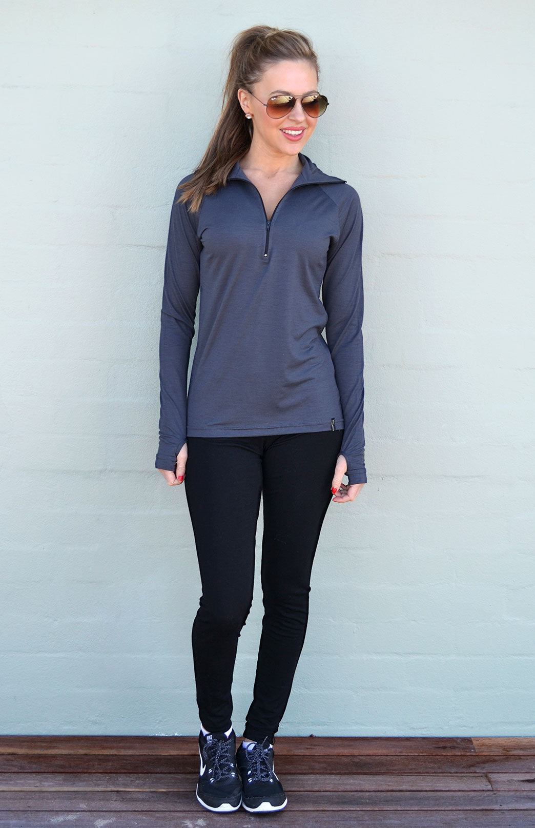 Steel Grey Women&#39;s Merino Wool Zip Neck Top
