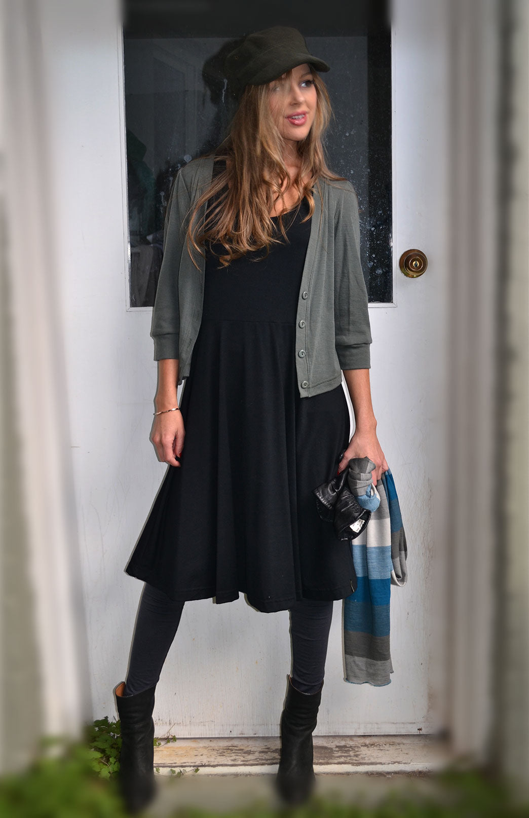 Olive Green Women's Merino Wool Crop Cardigan with 3/4 Sleeves