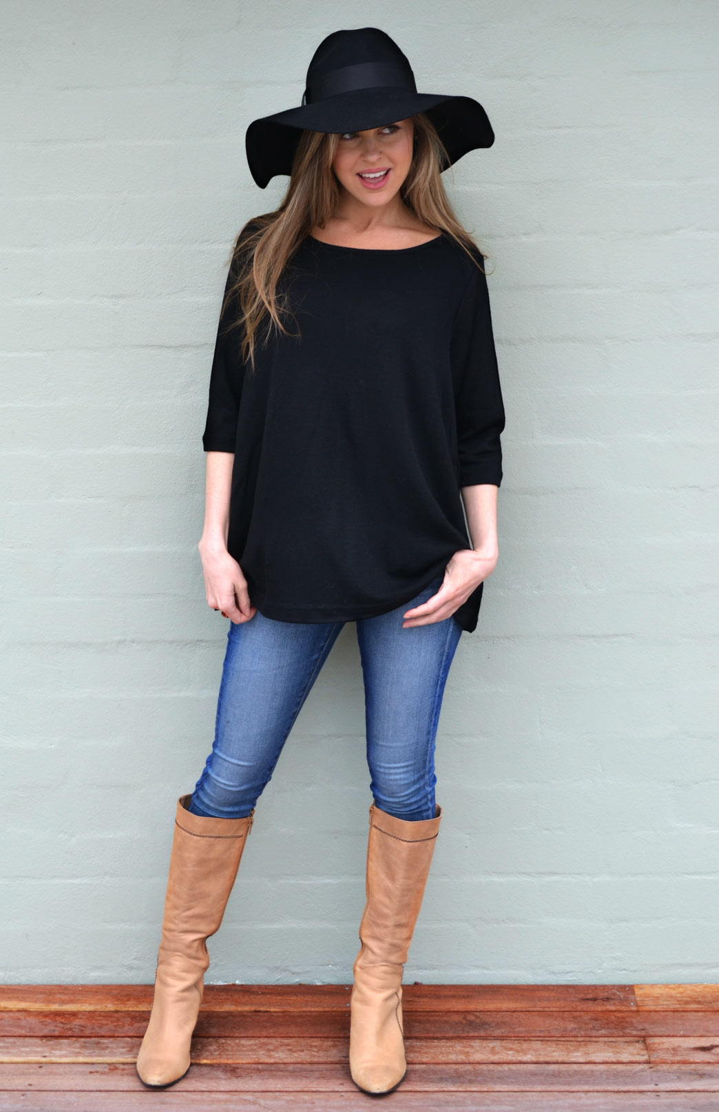 Black Women's Merino Wool Flutter Top with 3/4 Sleeves
