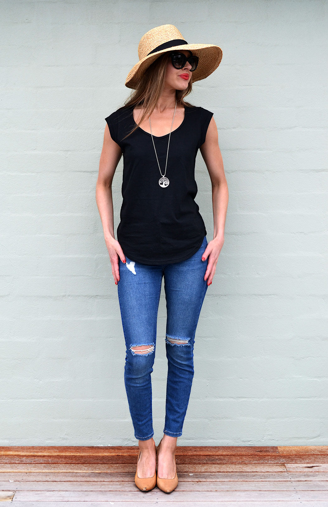 Black Women's Merino Wool Cap Sleeve T-Shirt