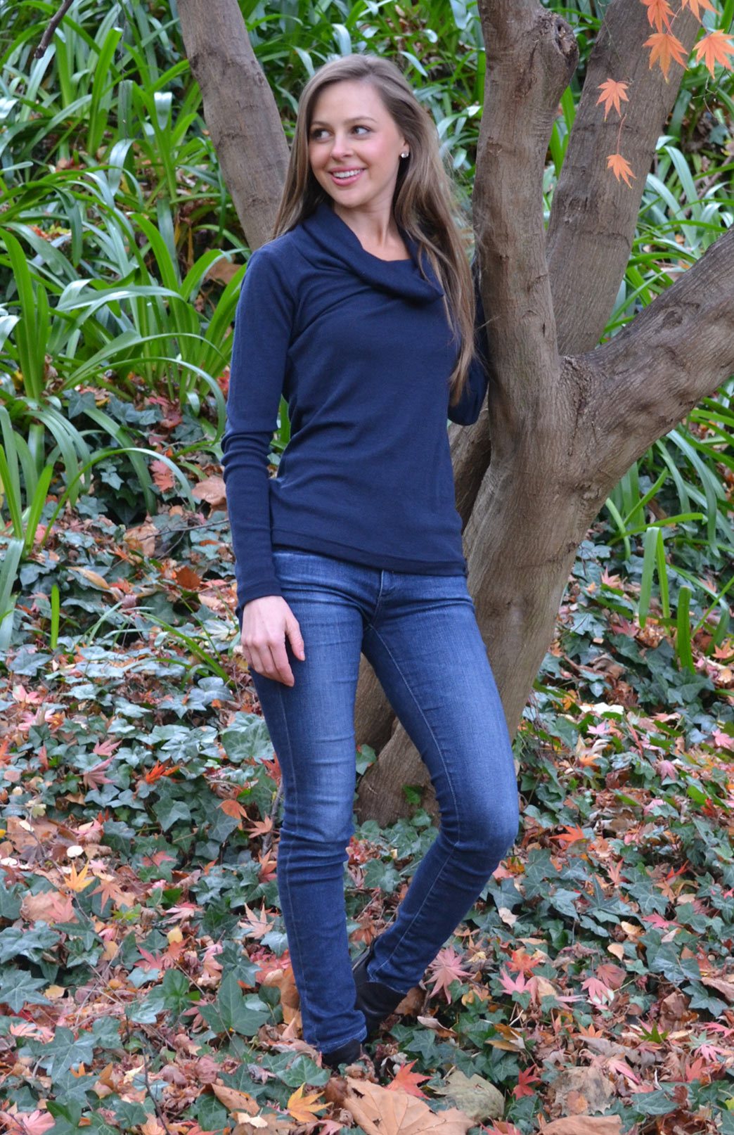 French Navy Blue Women's Merino Wool Long Sleeve Cowl Neck Top