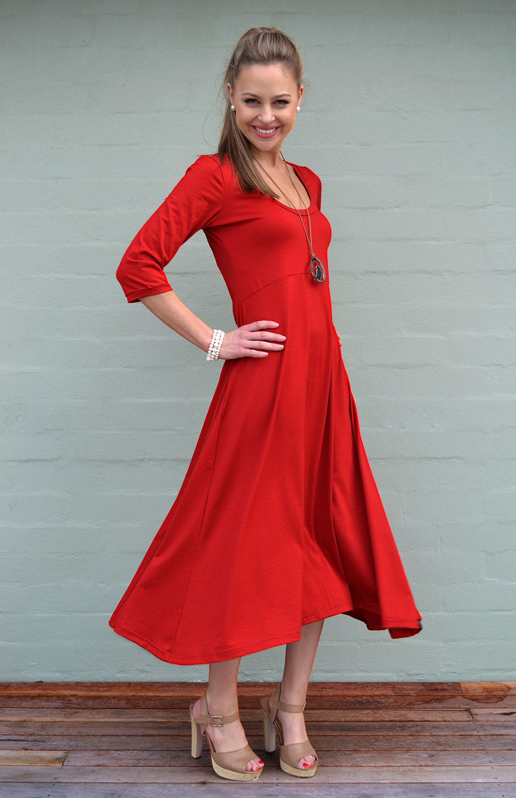 Flame Red Women&#39;s Merino Wool Long Dress

