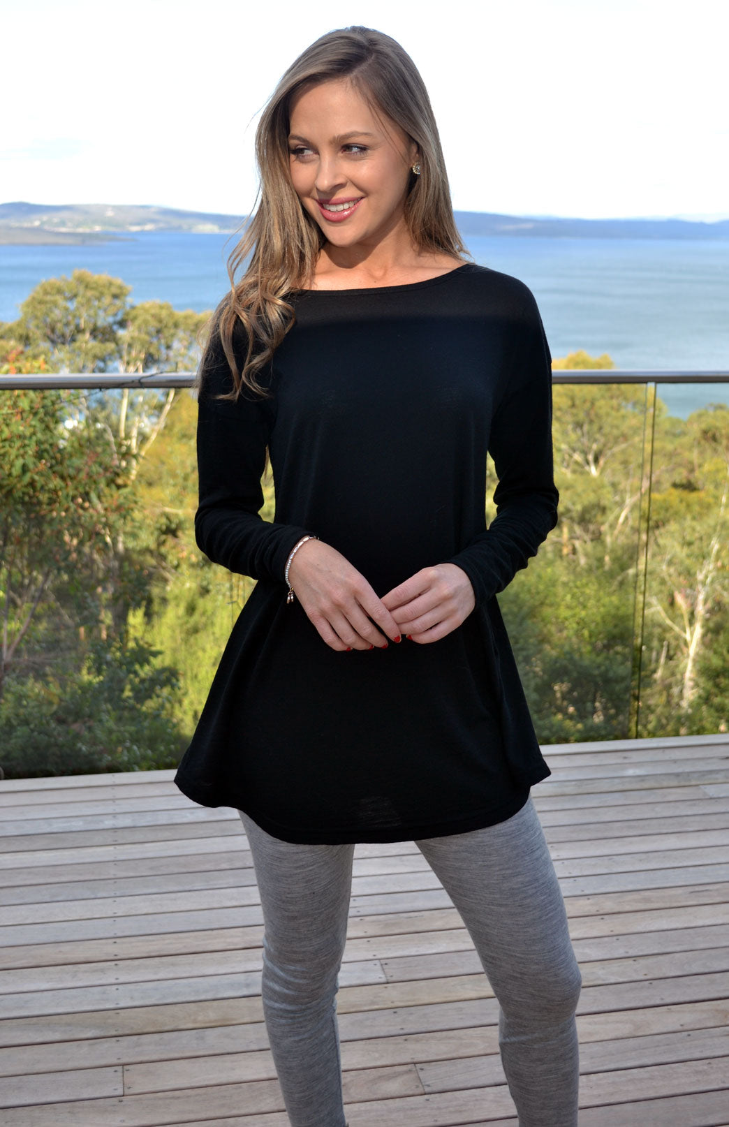 Black Women's Merino Wool Long Sleeve Boat Neck Top
