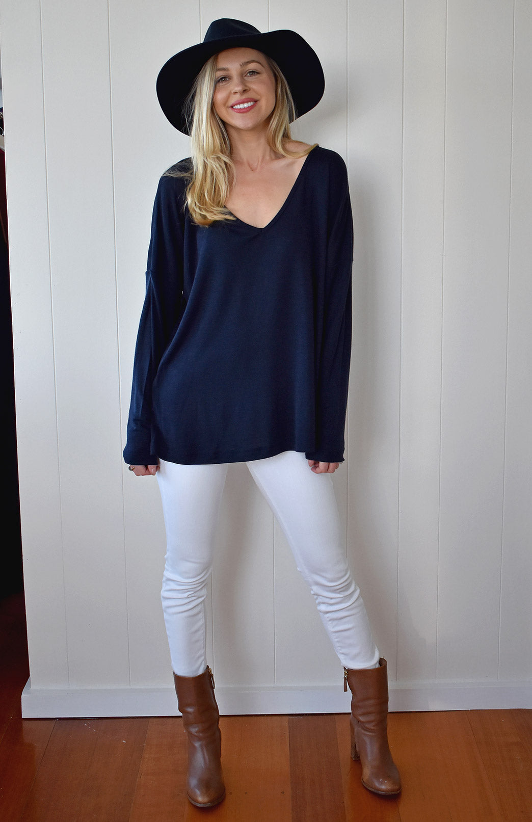 Navy Blue Very loose-fit Boxy Cut V-Neck Top
