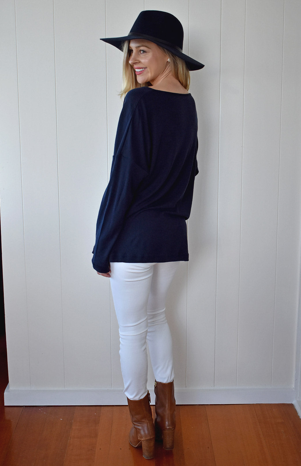 Navy Blue Very loose-fit Boxy Cut V-Neck Top
