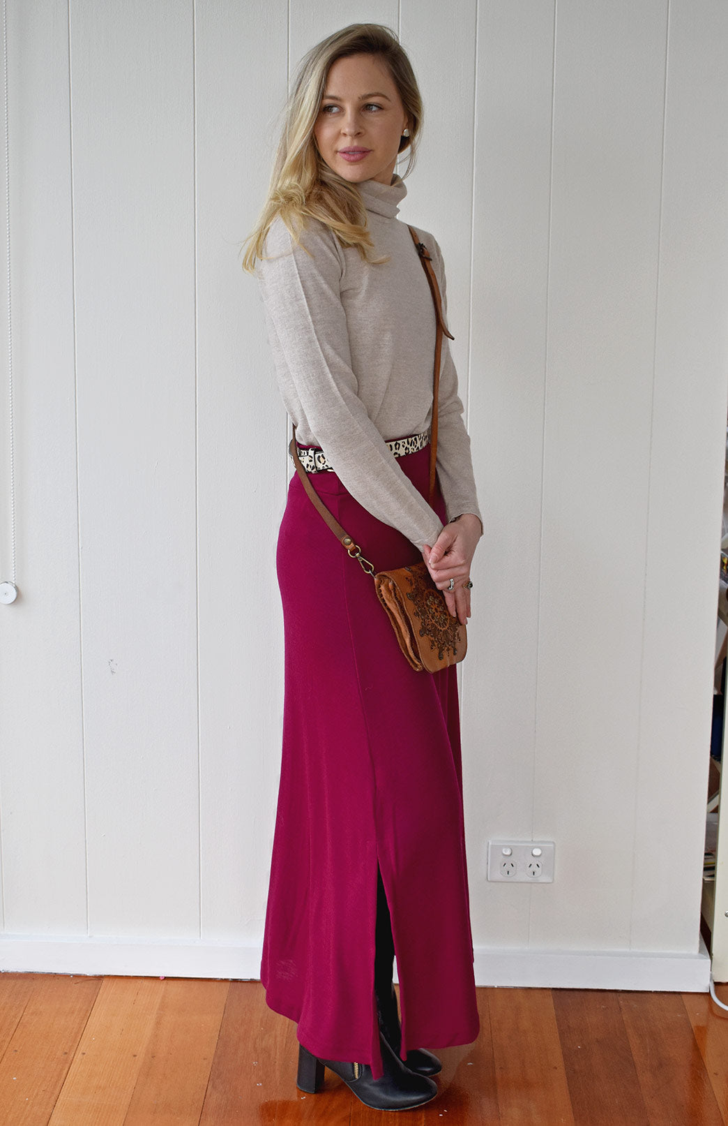 Magenta Women's Merino Wool Midweight A-Line Midi Skirt