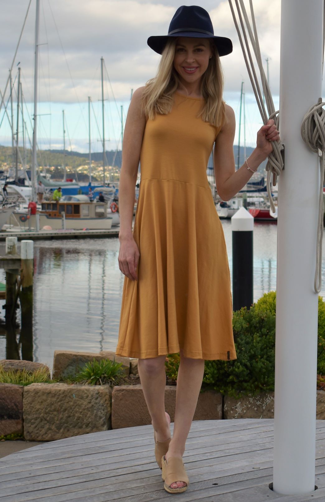 Mustard Yellow Women's Merino Wool Fit and Flare Dress - Sleeveless