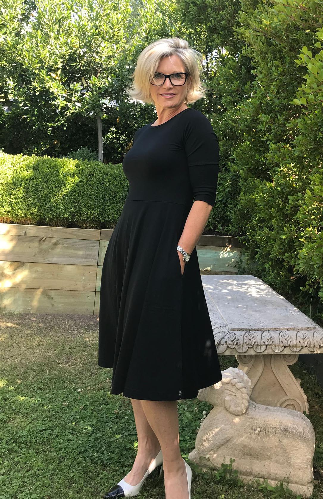 Black Women's Merino Wool Fit and Flare Dress with 3/4 Sleeves