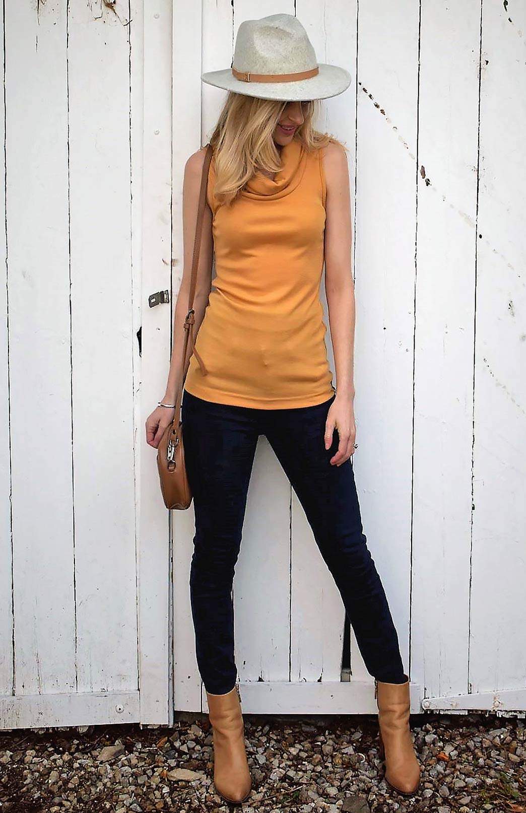 Mustard Yellow Women's Merino Wool Sleeveless Top with Cowl Neckline