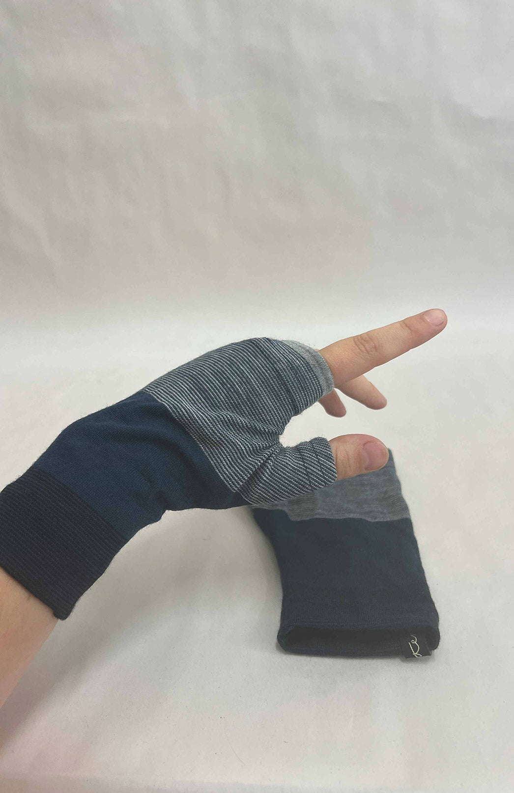 Blue Multi Stripe Merino Wool Thermal Fingerless Mittens