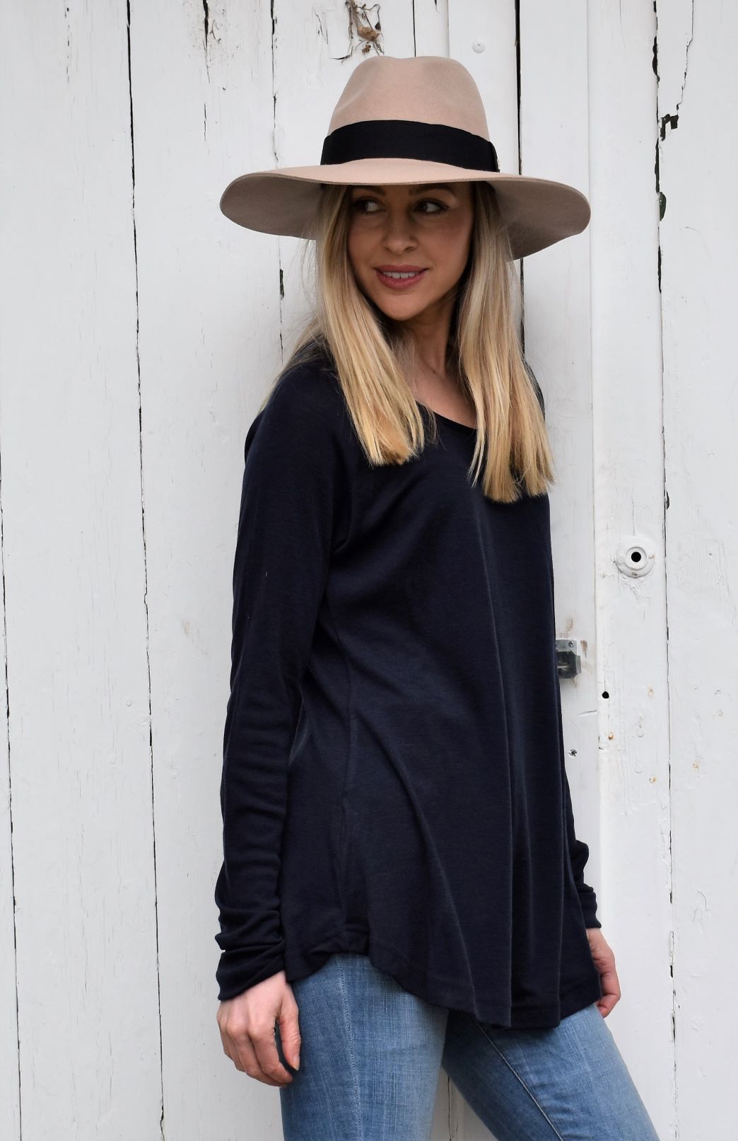 Navy Blue Women's Merino Wool Long Sleeve Top with Raglan Sleeves
