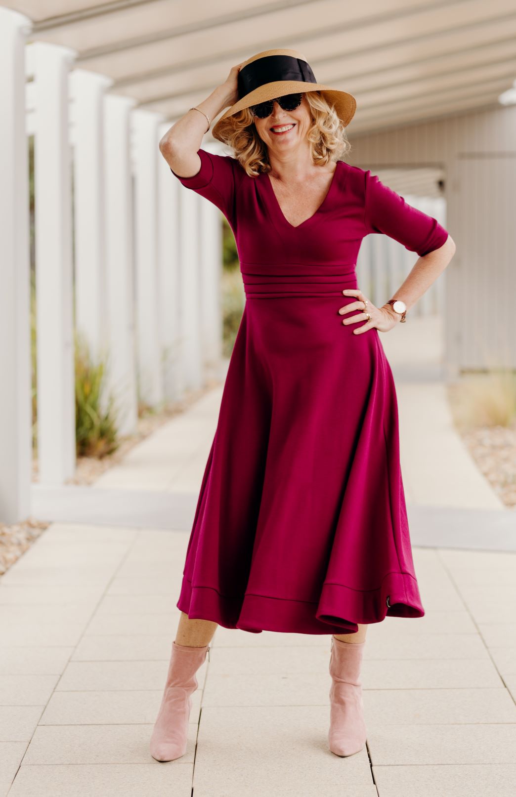 Magenta Women's Merino Wool V-Neck Classic Dress