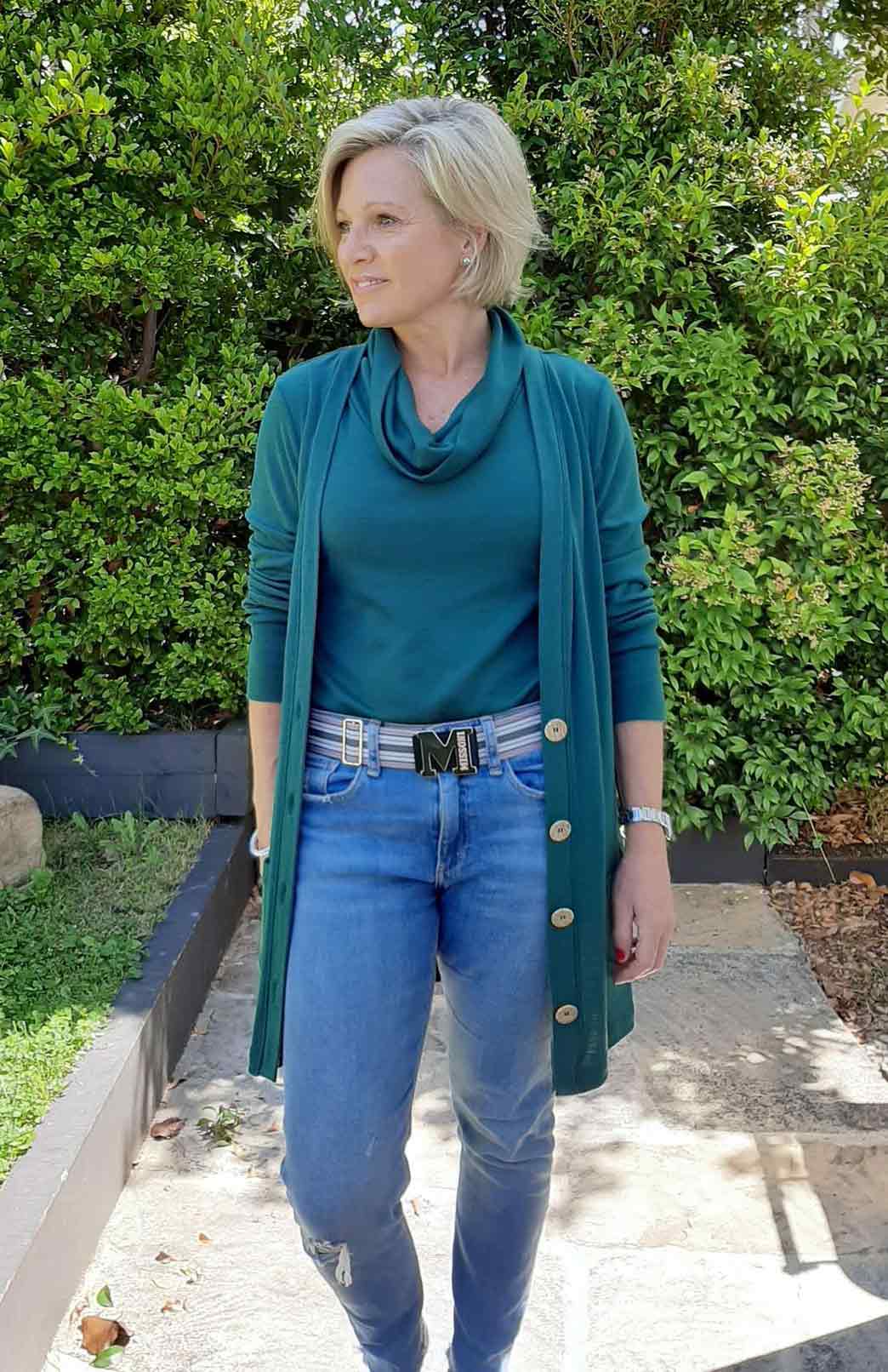 Emerald Green Women's Merino Wool Long Boyfriend Cardigan with Buttons