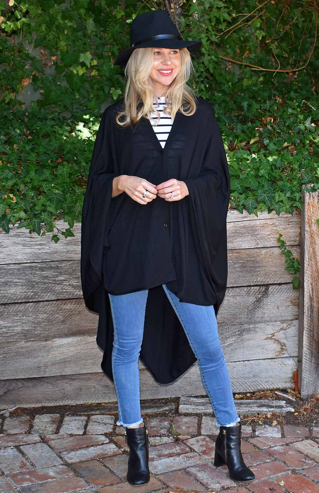 Black Superfine Merino Wool Comfort Wrap with Buttons