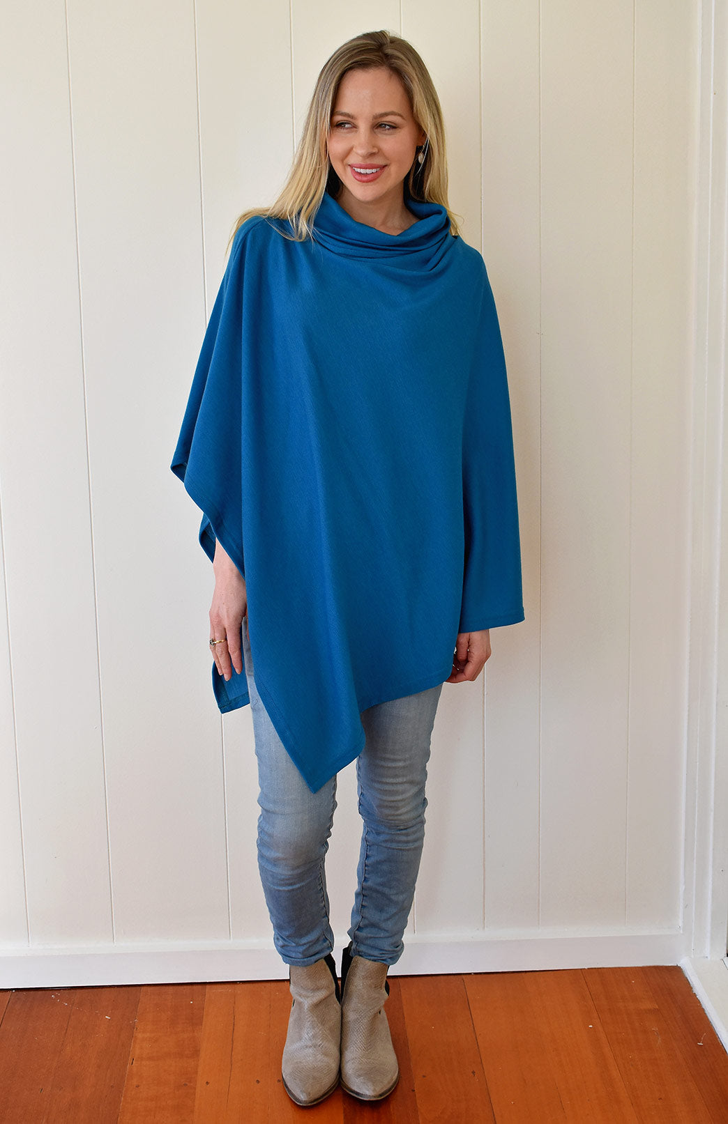 Dragonfly Teal Women's Merino Wool Polo Neck Poncho