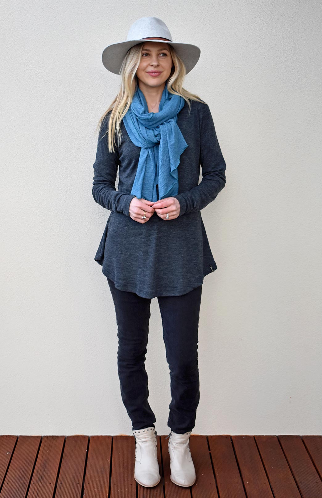 Charcoal Marl Women's Merino Wool Long Sleeve Top with Raglan Sleeves