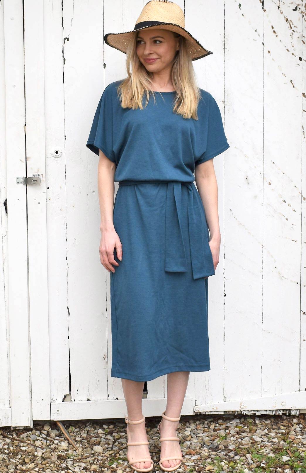 Storm Teal Women's Merino Wool Loose Fit Dress with Waist Tie