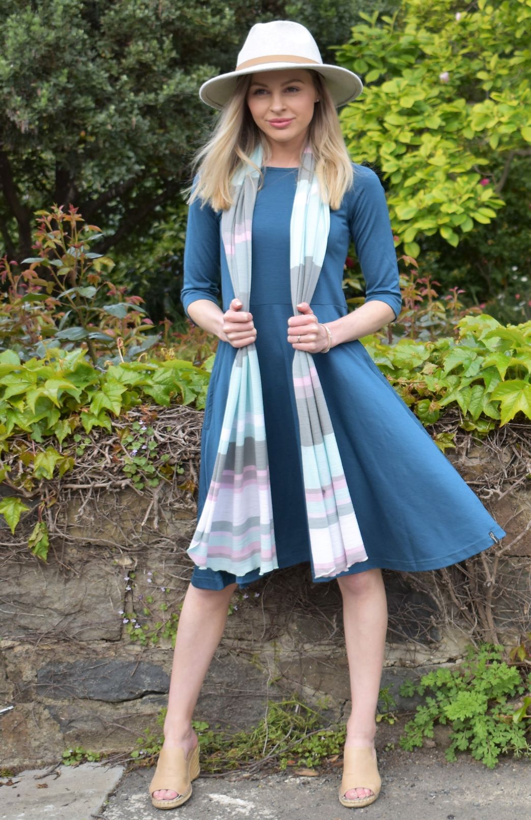 Storm Teal Women's Merino Wool Fit and Flare Dress with 3/4 Sleeves