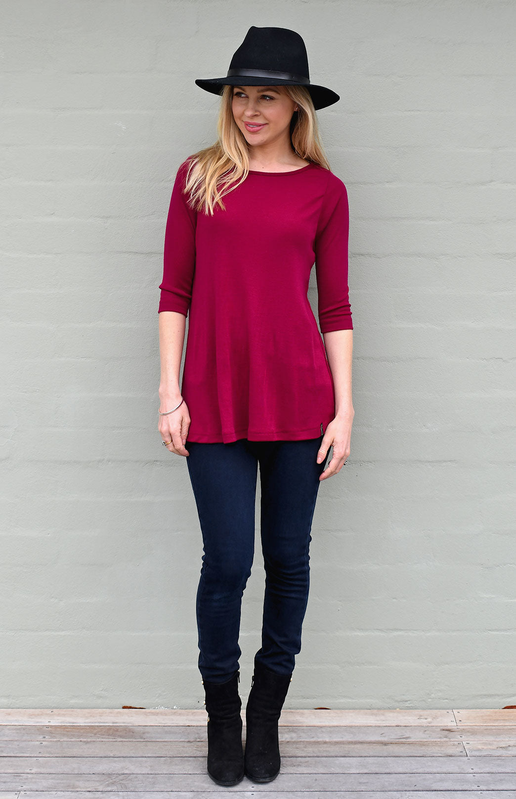 Magenta Women's Merino Wool Flutter Top with 3/4 Sleeves