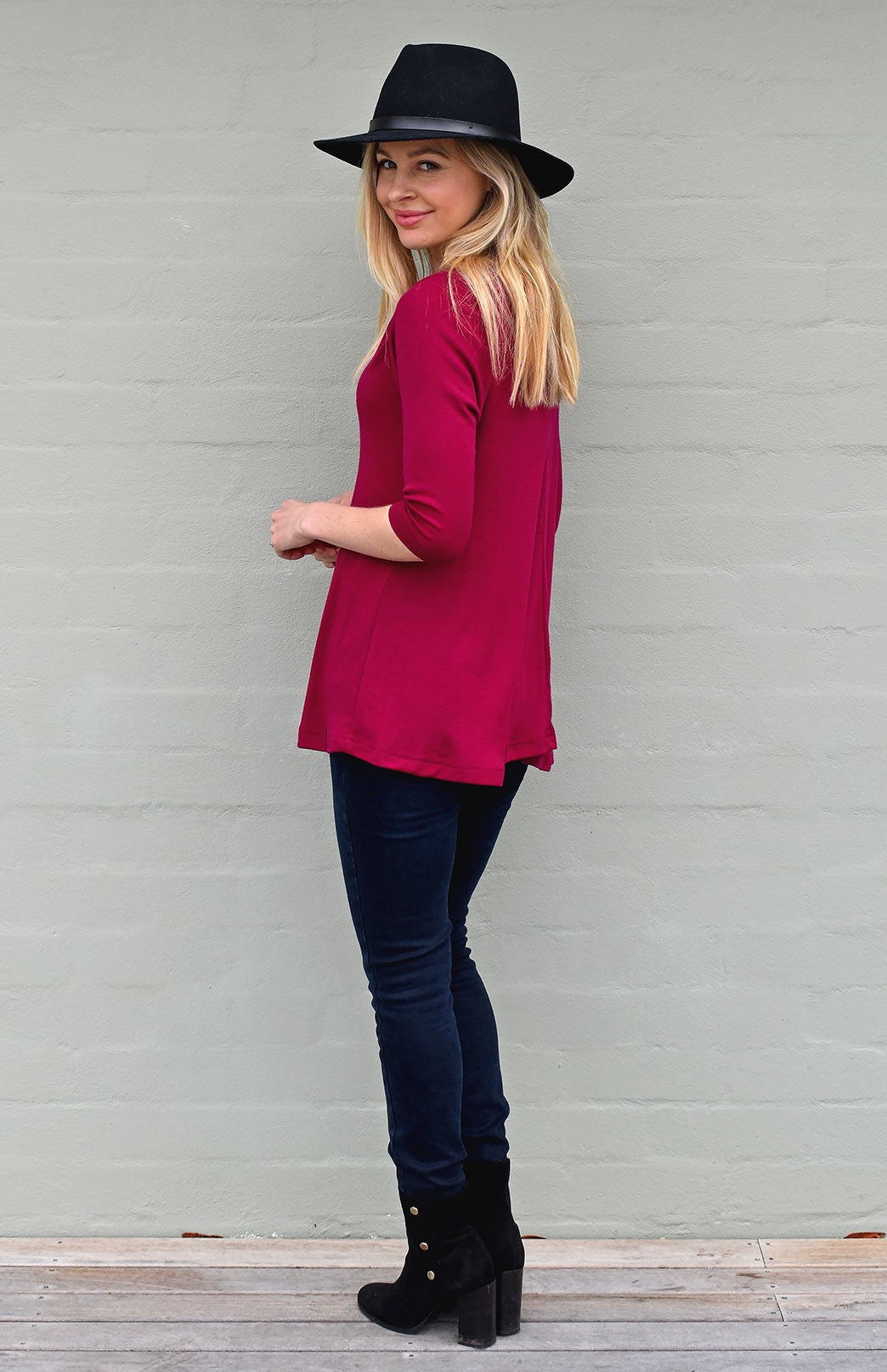 Magenta Women's Merino Wool Flutter Top with 3/4 Sleeves