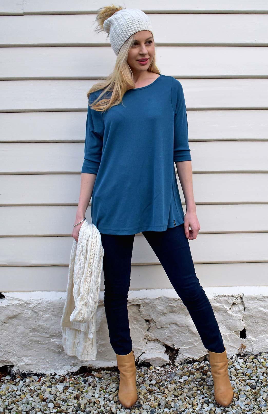 Storm Teal Women's Merino Wool Flutter Top with 3/4 Sleeves