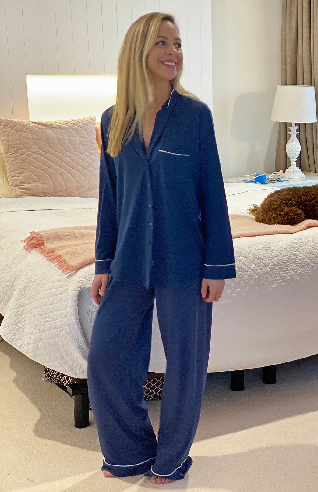 Navy Blue Women's Merino Wool Button Down Pyjama Shirt