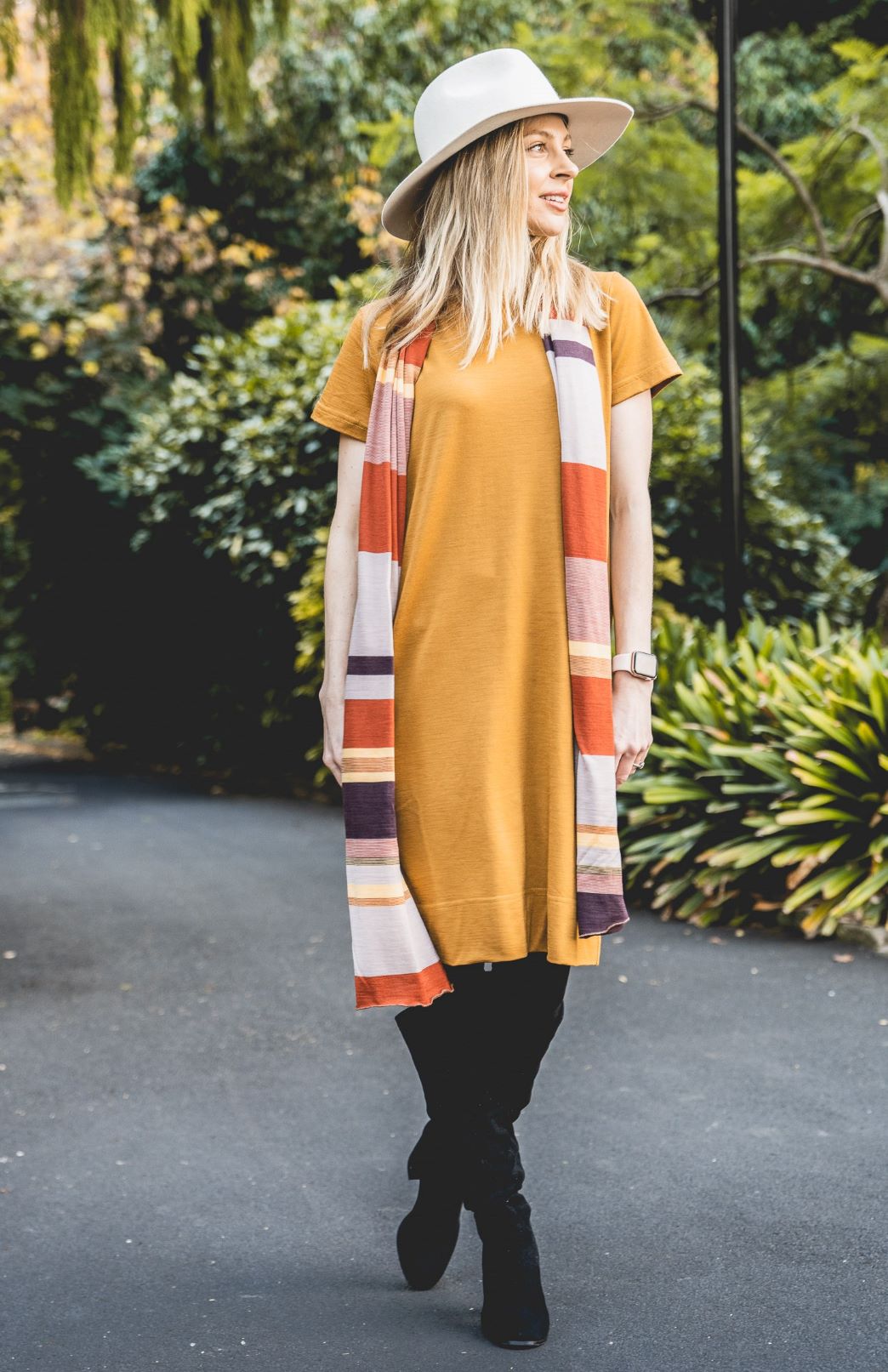 Mustard Yellow Women's Merino Wool Shift Dress with Short Sleeves