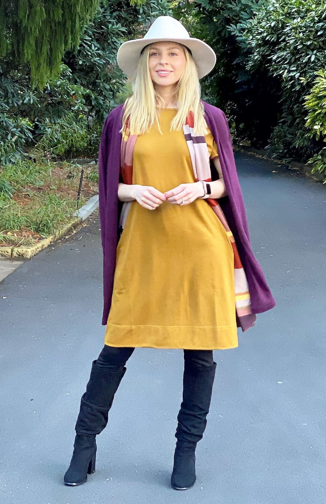 Mustard Yellow Women's Merino Wool Shift Dress with Short Sleeves