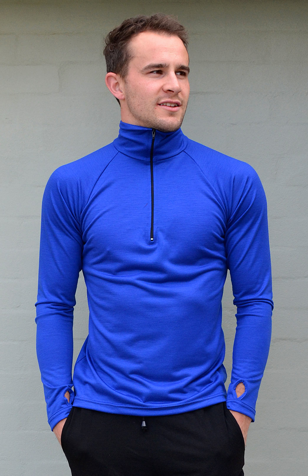 Zip Neck Top 170g Men's Electric Blue Pure Merino Wool Zip Neck