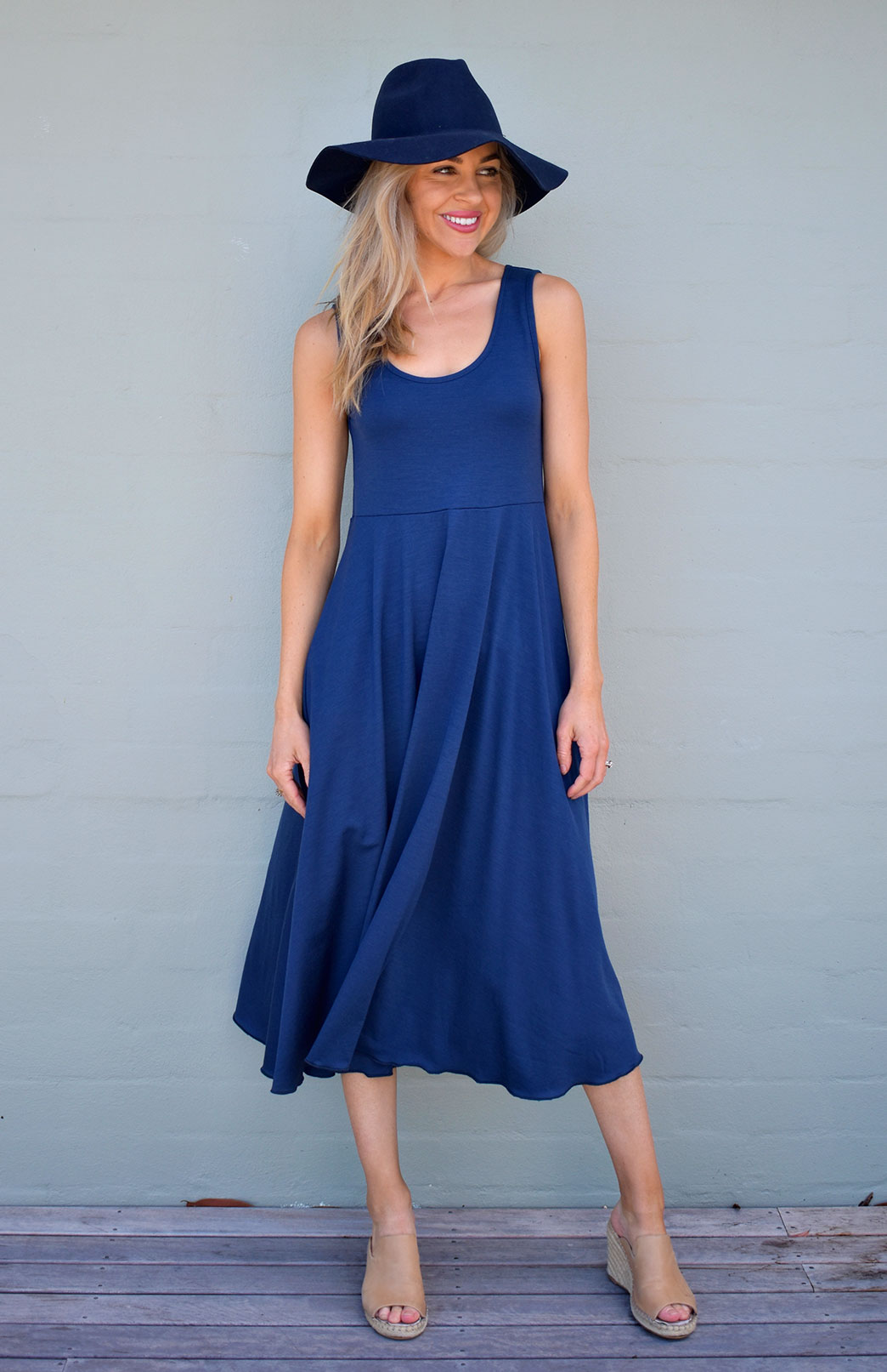 Fan Dress Women's Merino Wool Indigo Blue Fan Dress with Empire