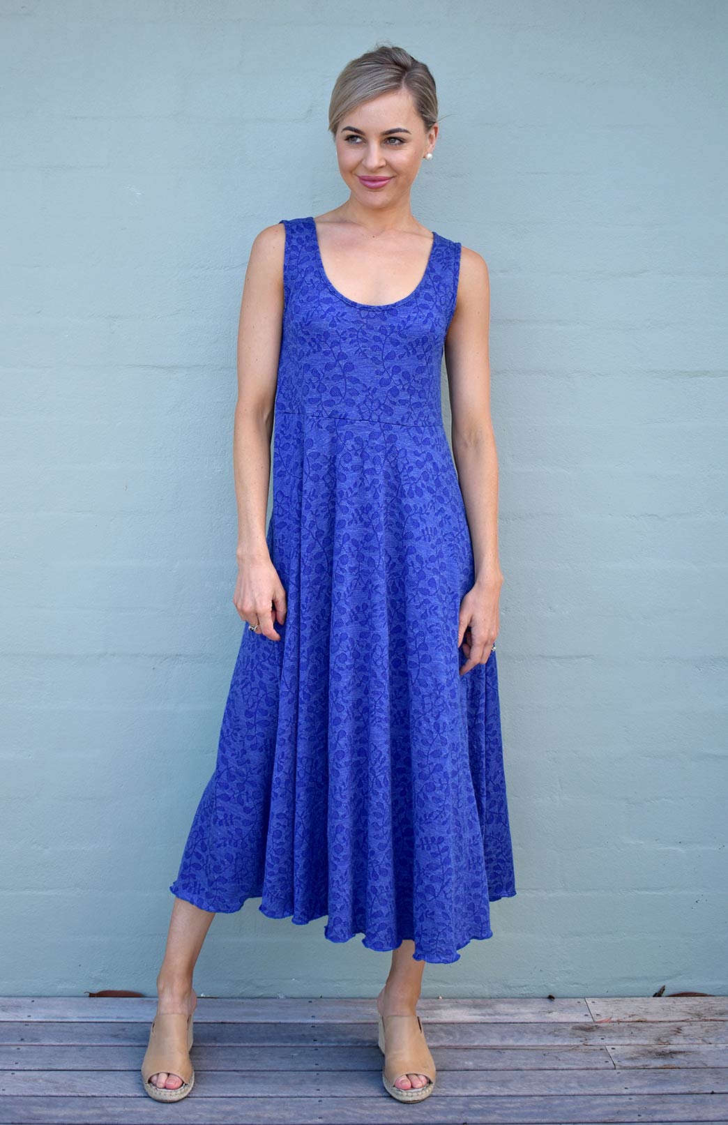 Fan Dress | Women's Merino Wool Royal Blue Floral Fan Dress with Empire ...