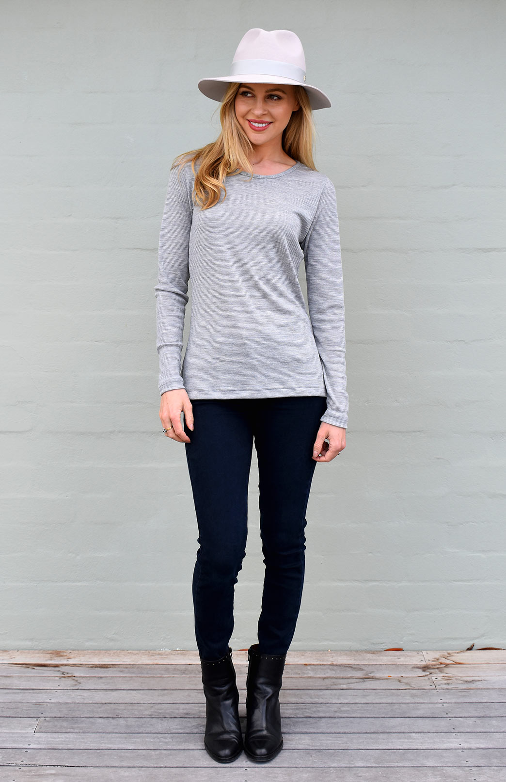 Round Neck Top Women's Rib Round Neck Long Sleeve Merino Wool