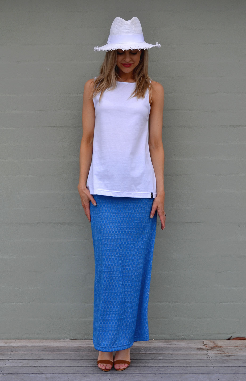 Maxi Skirt Women's Ocean Blue Keyhole Patterned Merino Wool Blend