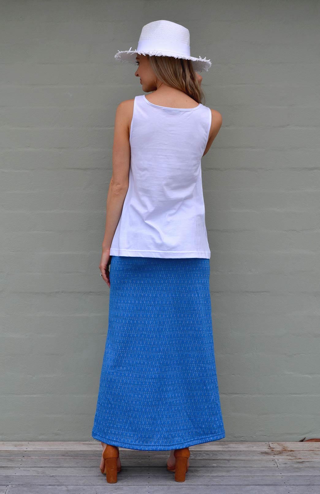 Maxi Skirt Women's Ocean Blue Keyhole Patterned Merino Wool Blend
