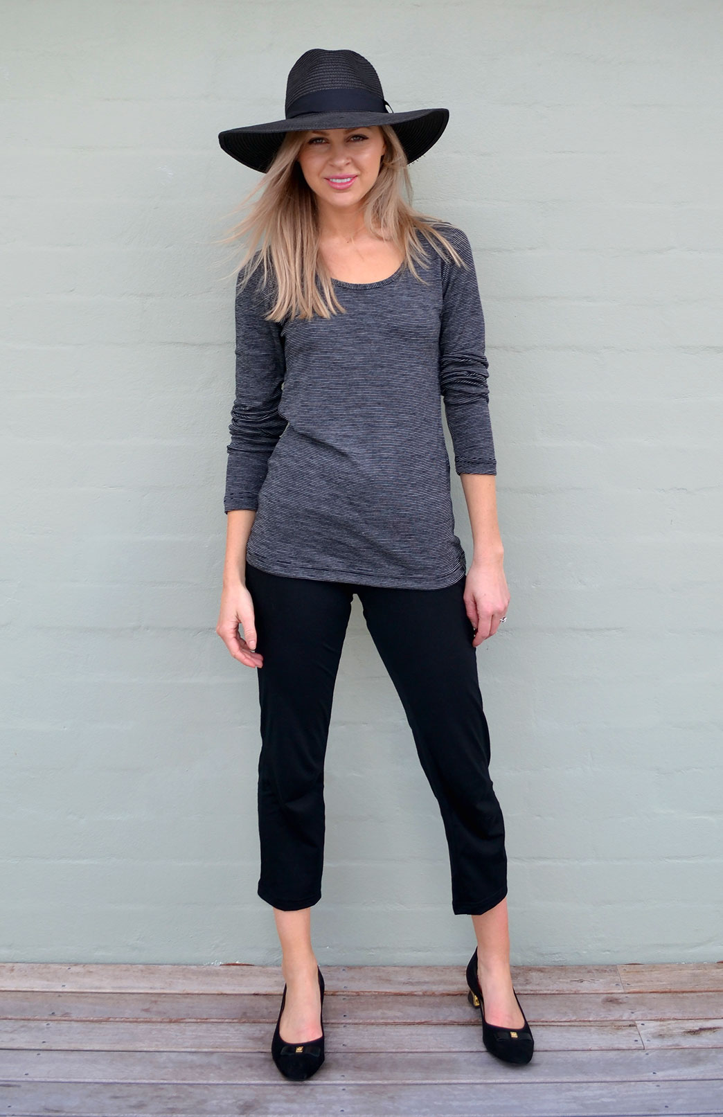 Scoop Neck Top | Women's Black Pinstripe Merino Wool Long Sleeve Top ...