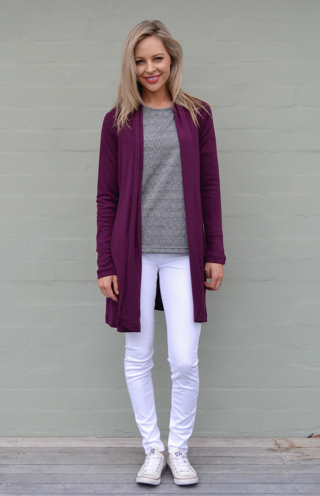 Drape Cardigan Women's Aubergine Purple Wool Drape Cardigan with no