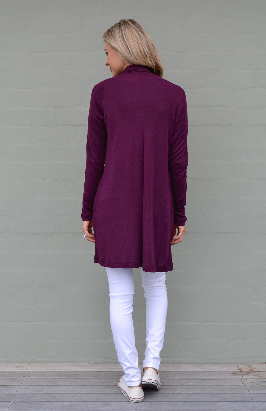 Drape Cardigan Women's Aubergine Purple Wool Drape Cardigan with no