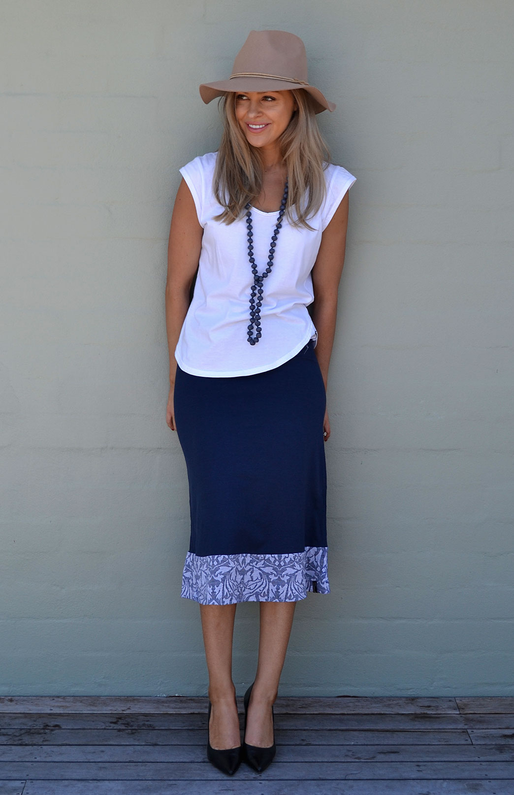 Midi Skirt Women's Hem Detail Blue Floral ALine Wool Skirt Smitten