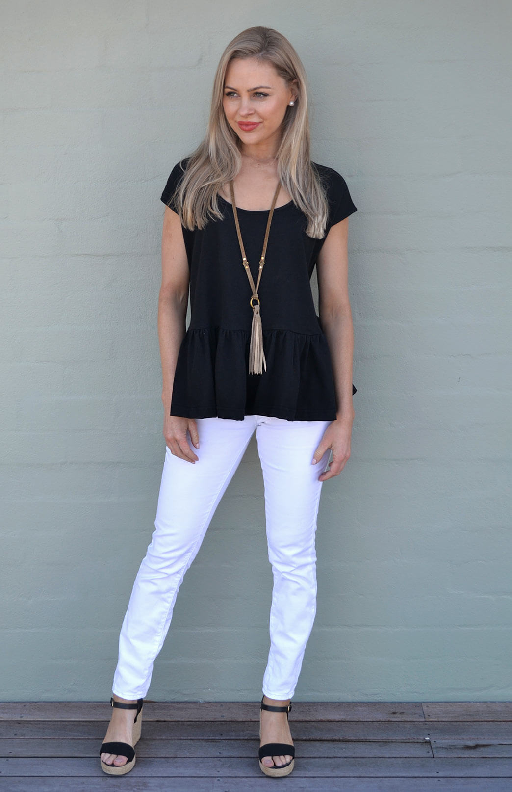 Mimi Top Women's Black Organic Cotton Short Sleeved Top with Ruffled