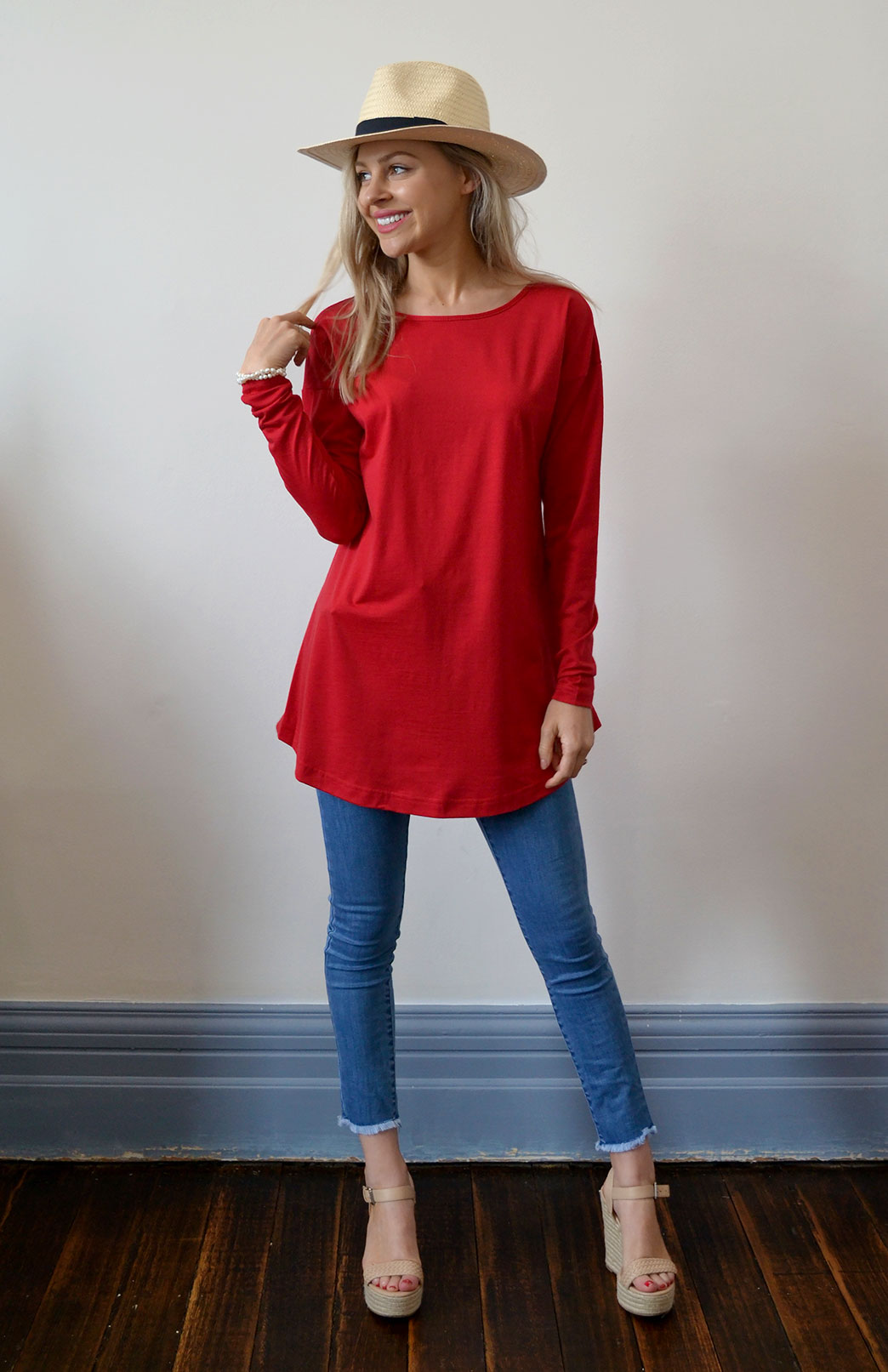 Boat Neck Top Women s Wool Red Boat Neck Top With Long Sleeves